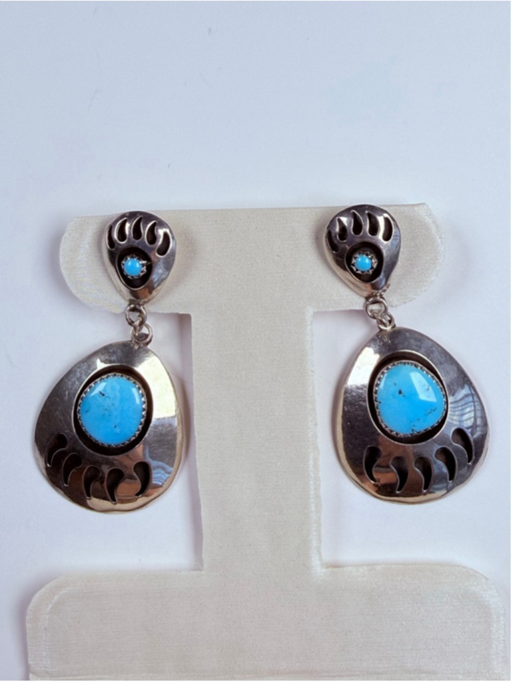 XL Old Pawn Native American Turquoise Bear Paw Sterling Silver VTG 2.2" Earrings